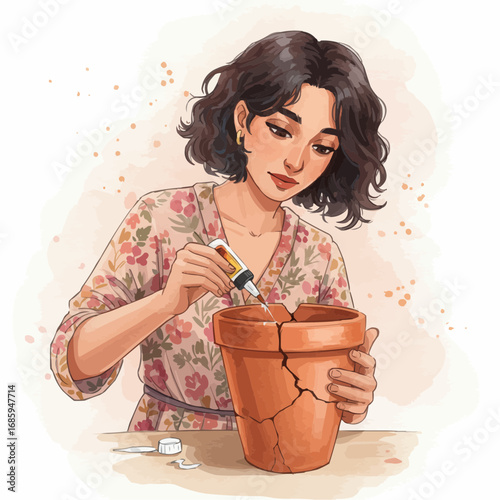 Woman repairing cracked pot with glue while working at home  