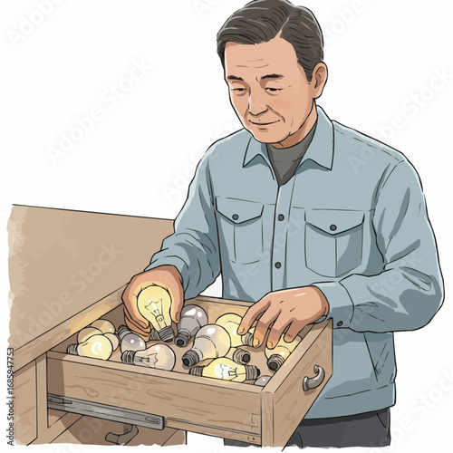 Older man organizing light bulbs in drawer at home  