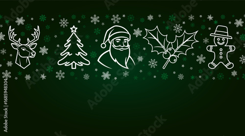 A seamless Christmas pattern featuring festive icons like reindeer, Santa, and Christmas trees on a dark green background. Perfect for ribbon backgrounds and holiday-themed designs.