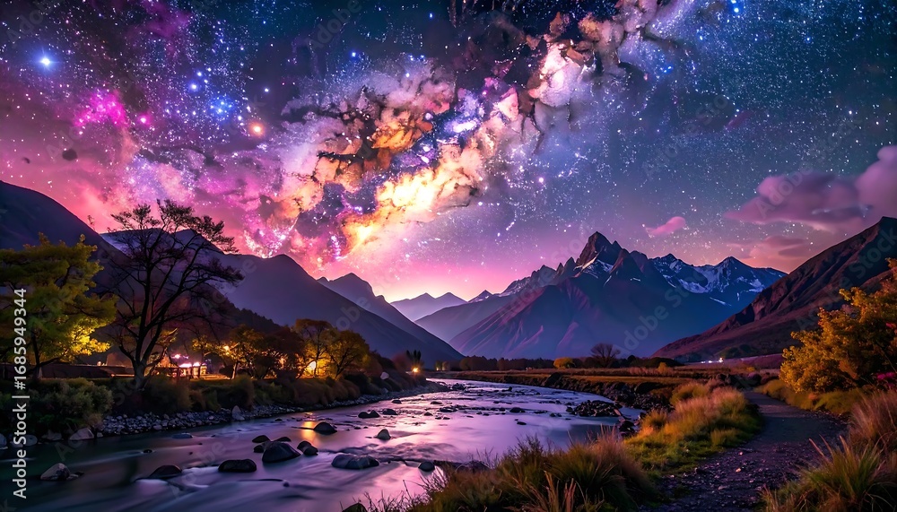 Naklejka premium Night sky over a valley with mountains