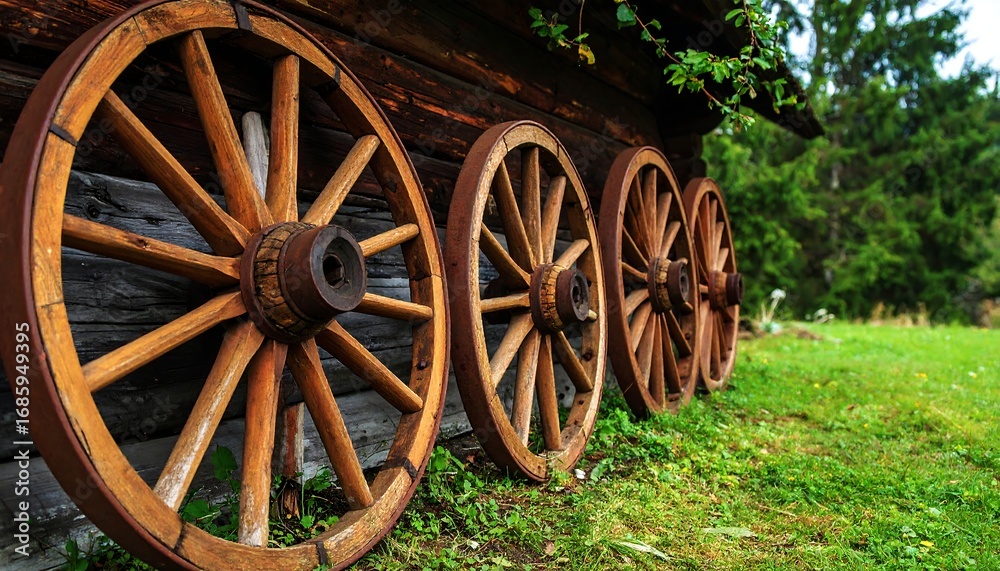 Obraz premium Antique wagon wheels against rustic wooden wall