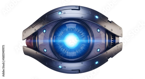 Futuristic robotic eye isolated on transparent background, a hightech surveillance device with a glowing blue iris, set against a clean, minimalist backdrop, showcasing advanced technology