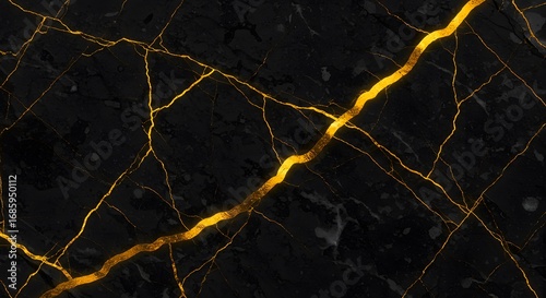 Cracked black stone with golden fissures, symbolizing resilience and beauty in imperfection and aging.