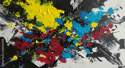 Abstract explosion of vibrant colors with bold brushstrokes creating dynamic art on canvas