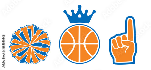 Cheerleader Pompom and Foam Finger and Basketball. Blue and Orange Basketball Cheerleading illustration.