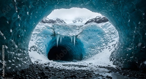 Frozen blue cave entrance. Ice covered with icicles leading into a dark tunnel in a snowy landscape.
