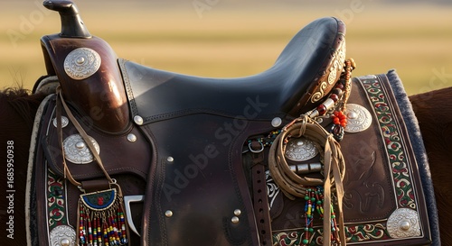 Close-up of an intricately decorated horse saddle with silver embellishments and colorful beadwork details.