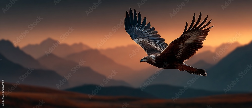 Fototapeta premium Silhouette of eagle soaring high above mountain peaks majestic bird of prey with glowing horizon wildlife scene in nature landscape