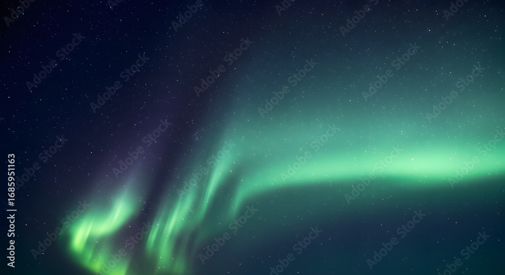 Naklejka premium Aurora borealis illuminates the night sky with mesmerizing green hues amidst a backdrop of twinkling stars.