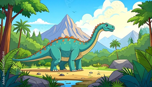 Cartoon image of a friendly, long-necked dinosaur standing in a lush, green prehistoric jungle