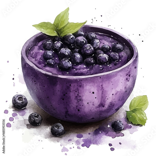 Acai Bowl, watercolor vector, isolated on a white background.