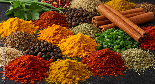 Vibrant colorful assortment of spices and herbs for culinary creations that inspire delicious authentic flavors