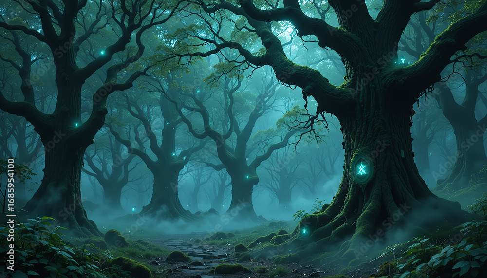 Fototapeta premium Magical Forest with Glowing Trees and Bioluminescent Elements in Mystical Atmosphere