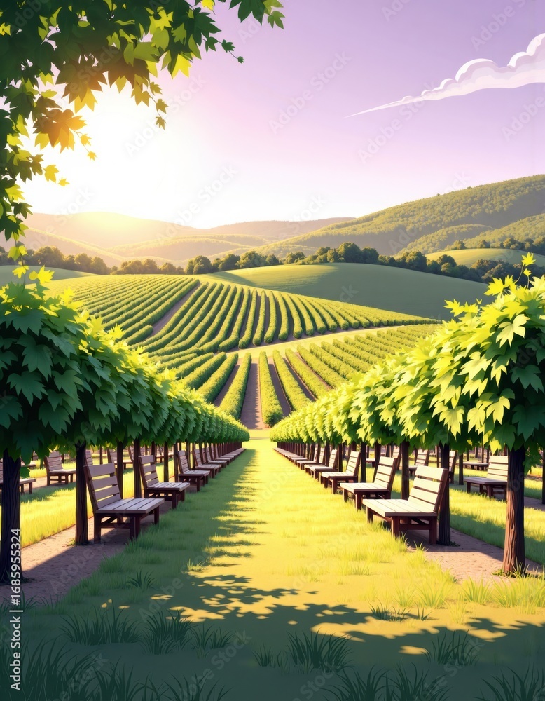 Fototapeta premium Adult and child enjoying a vineyard seating area near lush grape fields