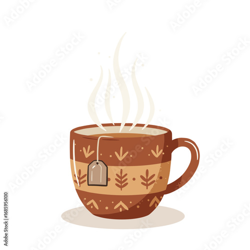 Warm tea cup with teabag and steam vector illustration on transparent background
