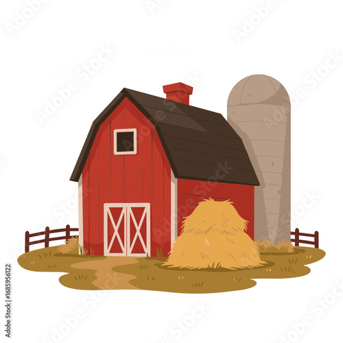 Red barn with silo surrounded by hay and grassy area vector illustration on transparent background  