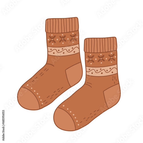 Cozy brown knitted socks with decorative patterns vector illustration on transparent background