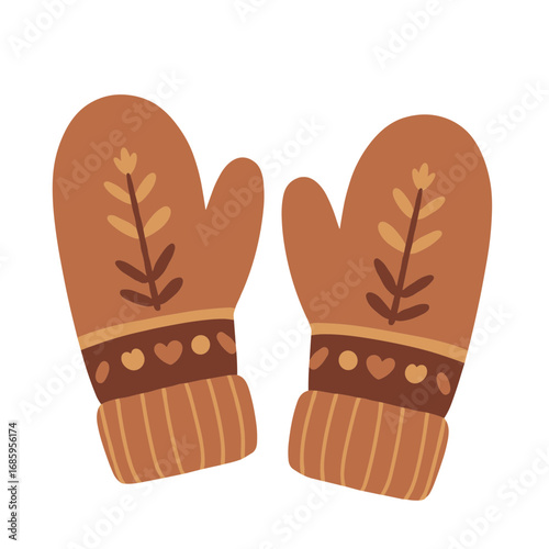 Cozy brown mittens with floral patterns in winter style vector illustration on transparent background  