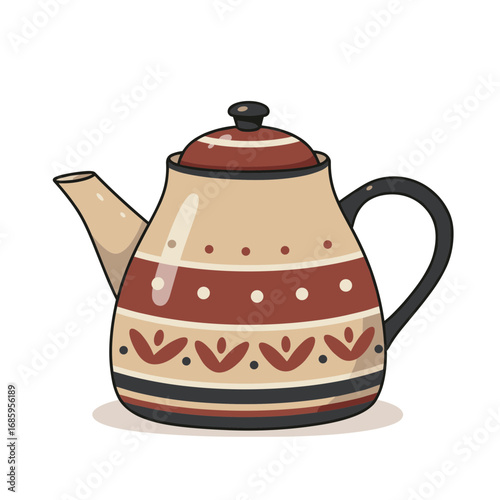 Decorative ceramic teapot with traditional patterns in warm colors vector illustration on transparent background 