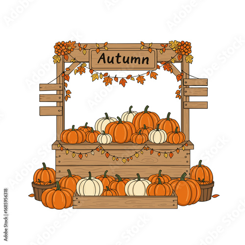 Autumn market stand displaying pumpkins and decorative leaves vector illustration on transparent background  