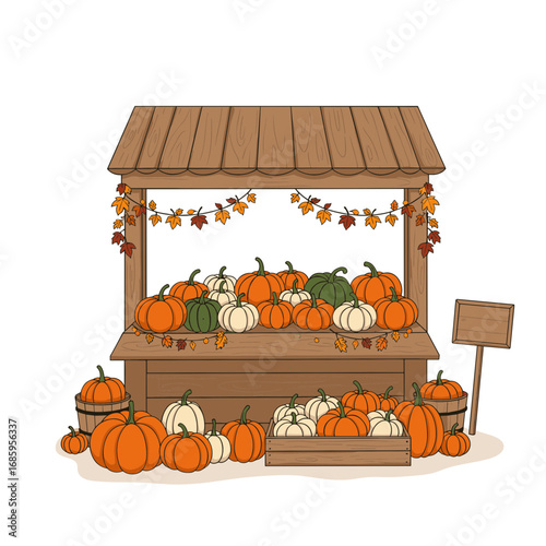 Pumpkin stall with assorted pumpkins and autumn decorations vector illustration on transparent background  