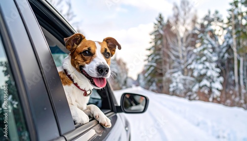 Happy dog in car window, snowy winter scene
