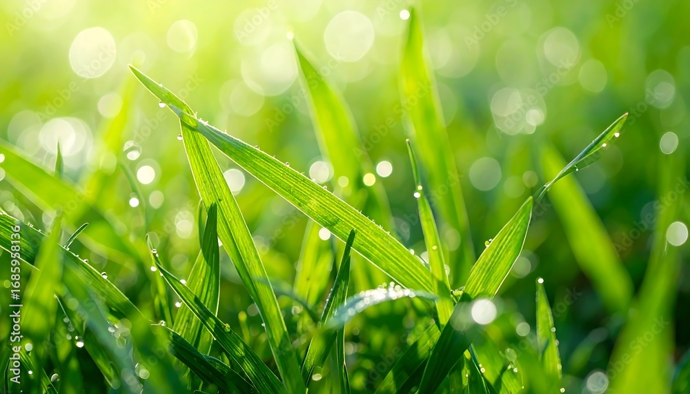 Fototapeta premium Close-up view of vibrant green grass blades glistening with morning dew under soft sunlight