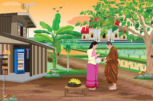 A female lay devotee is giving alms to the monks.vector design