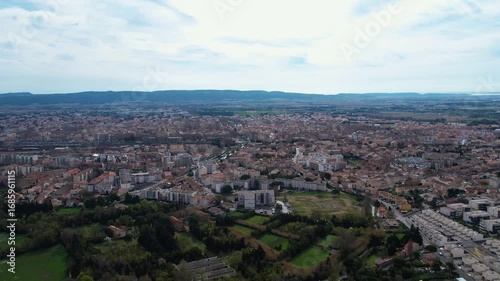 An aerial panoramic view around the old town of the city Narbonne in France on a sunny day in early spring