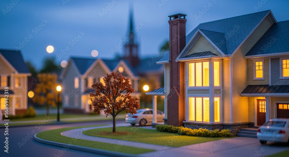 Obraz premium Serene Suburban Evening Warm Lights Glow in Picturesque Neighborhood Homes at Twilight