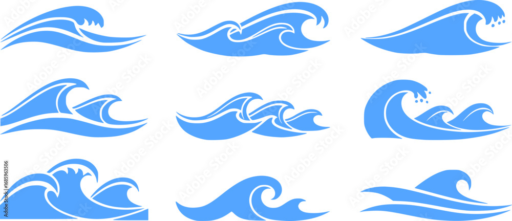 Fototapeta premium Sea wave set silhouette isolated on white background. Nature ocean graphic symbol vector illustration. Water wave element vector design collection