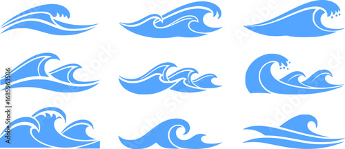 Sea wave set silhouette isolated on white background. Nature ocean graphic symbol vector illustration. Water wave element vector design collection
