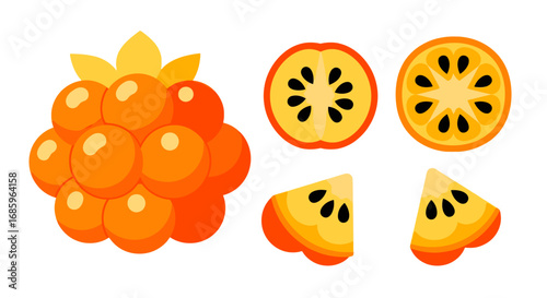 A delightful cloudberry arrangement with cross-sections and vibrant orange hues