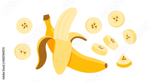Vibrant banana arrangement with slices creates an engaging and dynamic