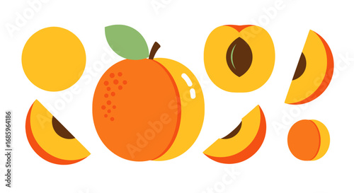 Illustrative peaches arrangement, featuring whole, halved, and sliced fruit