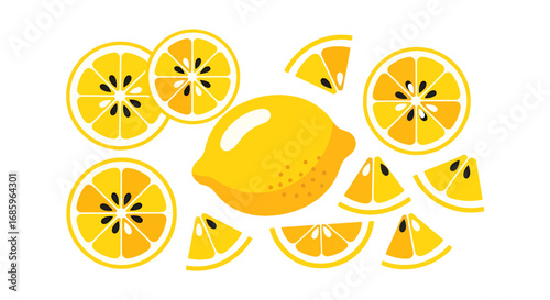 Bright and cheery lemon fruit illustration featuring slices and wedges