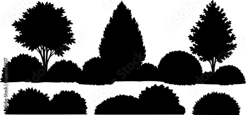 silhouette trees shrubs and bushes. isolated on white background
