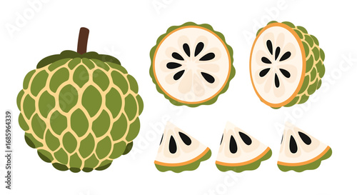 Artistic rendering of custard apple showcasing wholeness and dissected portions