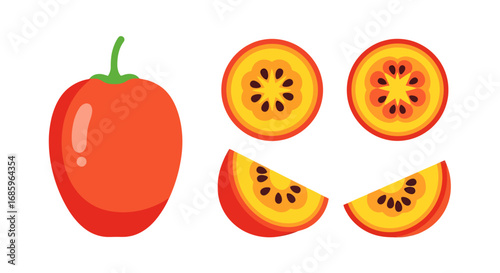 Exotic tamarillo fruit presentation with vibrant colors and geometric cuts