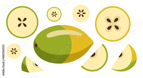 Stylized yellow and green pear composition on white backdrop illustration