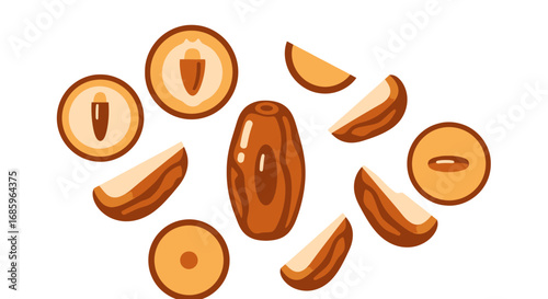 Artistic flat lay illustration displaying a brown date with slices for graphic