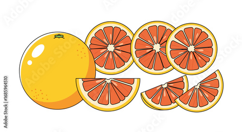 Graphic rendition showcasing a whole grapefruit amidst grapefruit slices in a