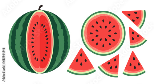 Whimsical watermelon slices and cross section, vibrant summer fruit medley