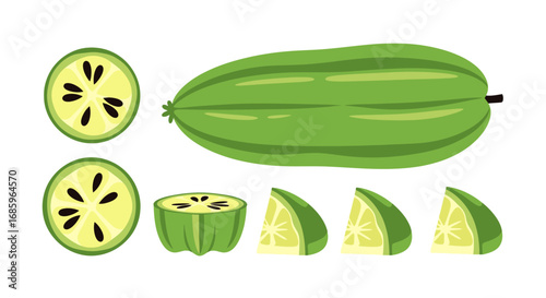 Cartoon illustration showing slices and a whole bilimbi fruit arrangement