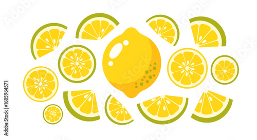 Energetic lemon segments arranged in a whimsical formation against white space
