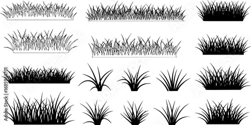Set of grass line cad and silhouettes isolated on white background. Ground cover.
