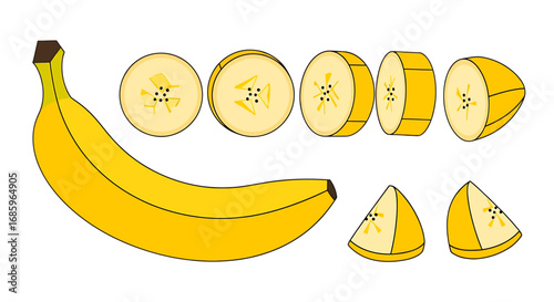 Illustrative representation of banana slices and whole fruit arranged neatly