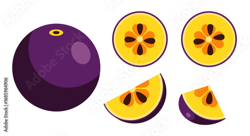 Exotic Jabuticaba Fruit, Whole, Halved, and Sliced in a Simplified Design