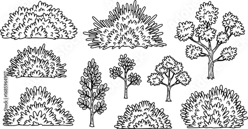 silhouette trees shrubs and bushes. isolated on white background
