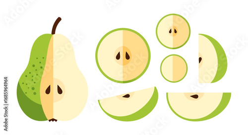 Stylized illustration of sliced green pears showing cross sections and details